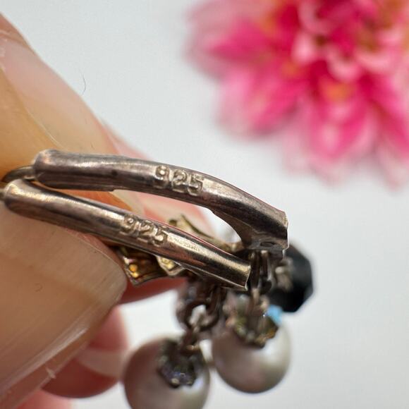 925 Silver Pearl Crystal Glass Beaded Dangle Cha Cha Earrings Black White Boho - Picture 5 of 12